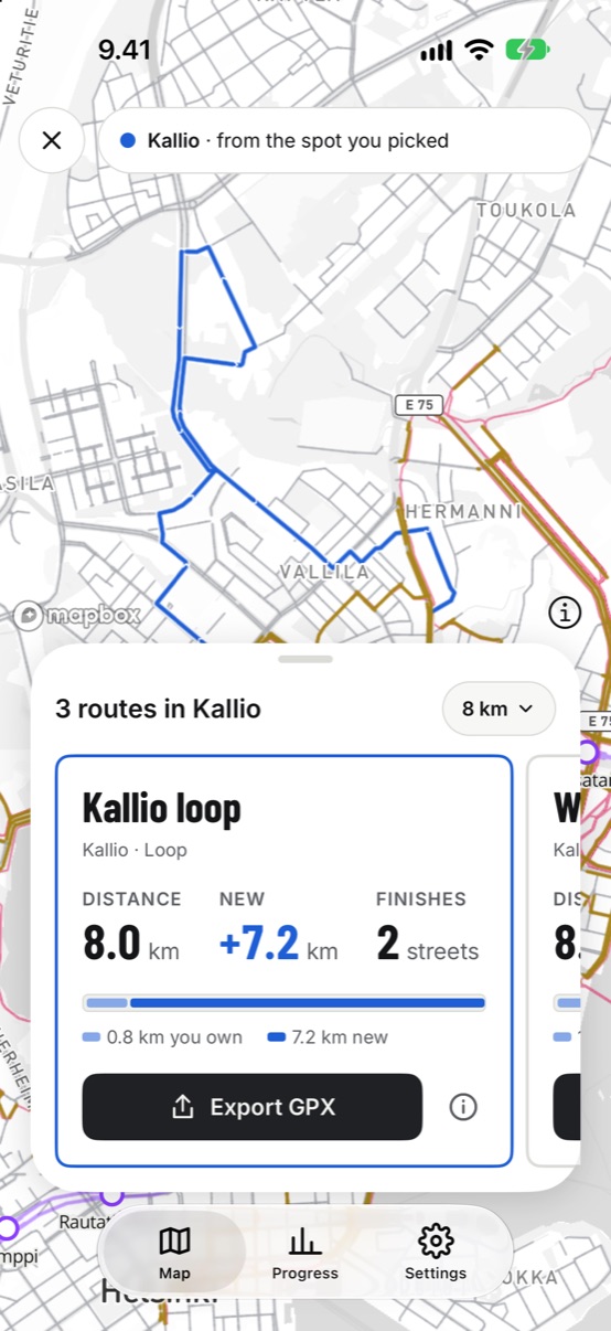 Route planner showing a Kallio loop drawn in blue on the map