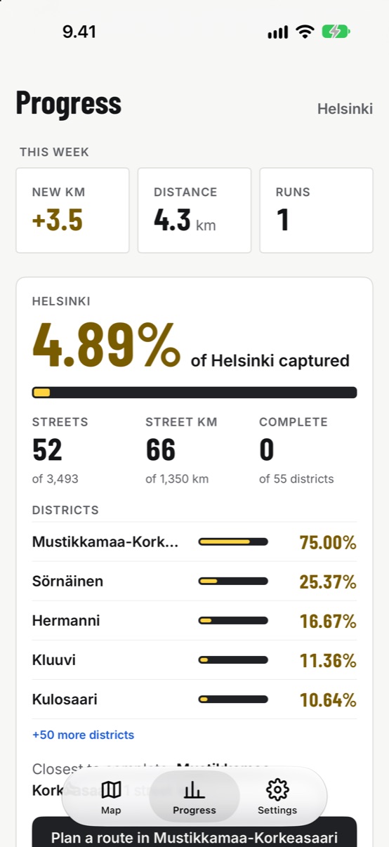 Progress tab with this week's runs and how much of each district is captured