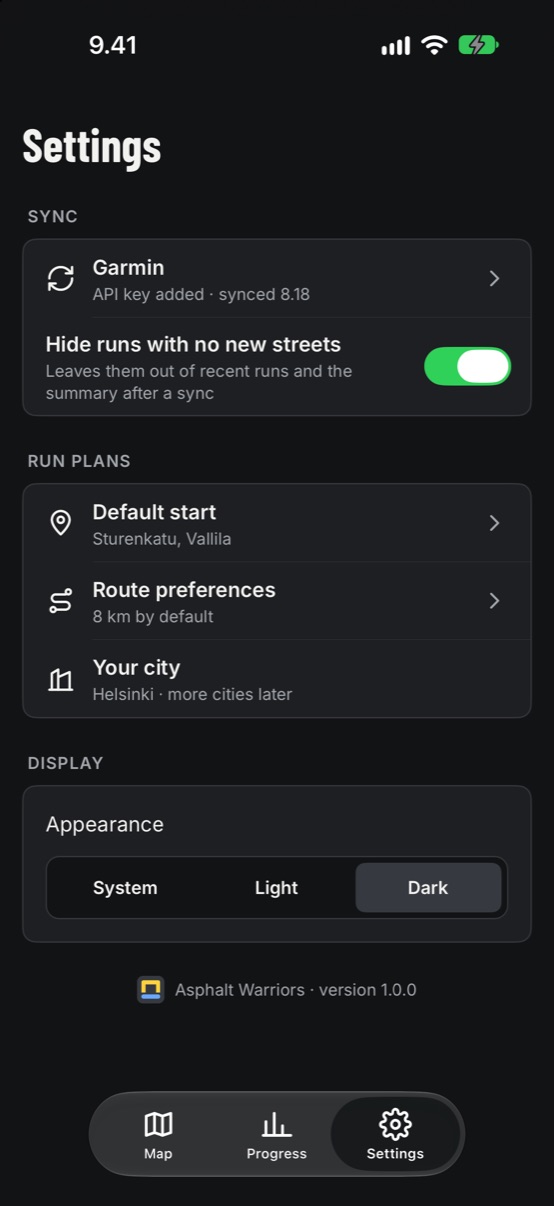 Settings tab in dark mode